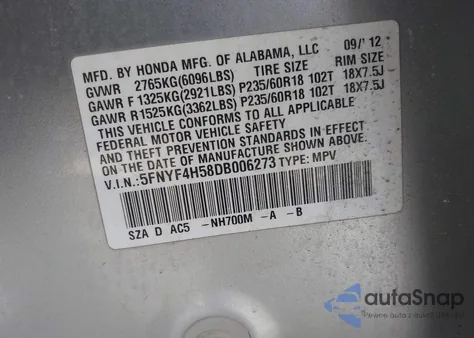 2013 Honda Pilot Ex-L from USA, damaged, VIN 5FNYF4H58DB006273